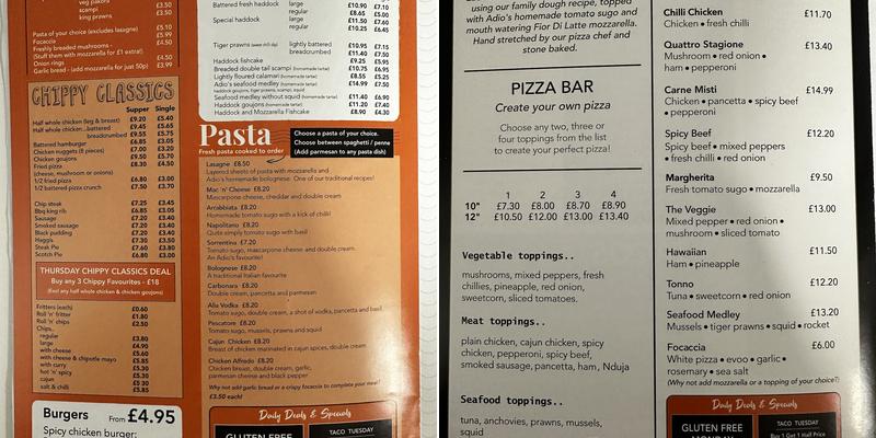 Adios Fish and Chips Menu