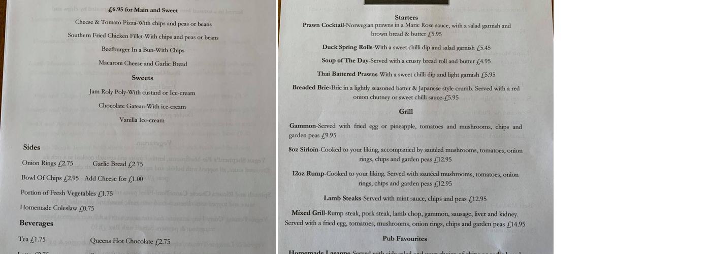 Queens Hotel Menu