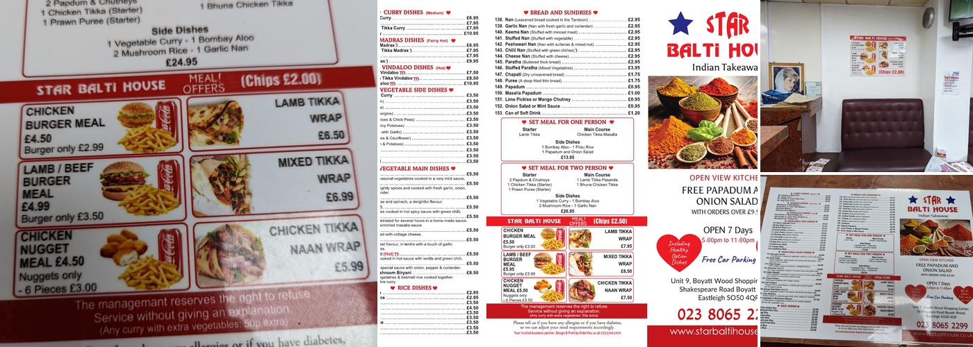 Star Balti House Menu