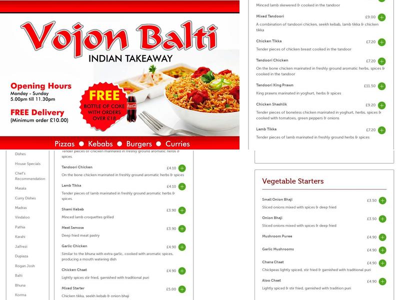 Vojon Balti Takeaway Menu
