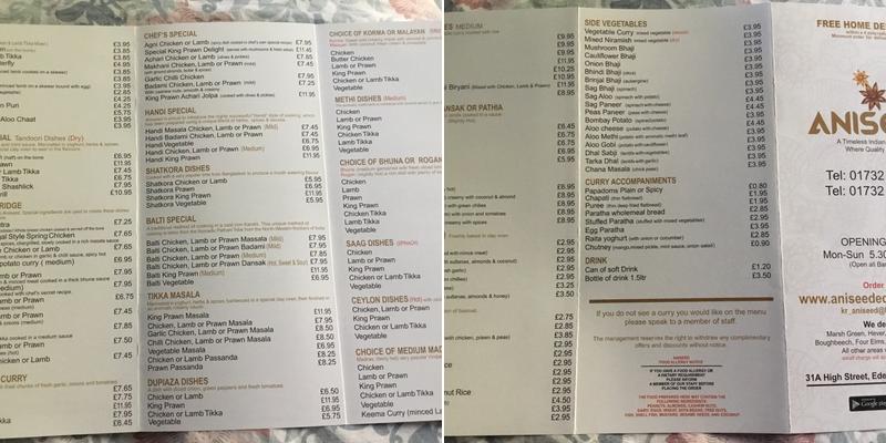 Aniseed indian Takeway Menu