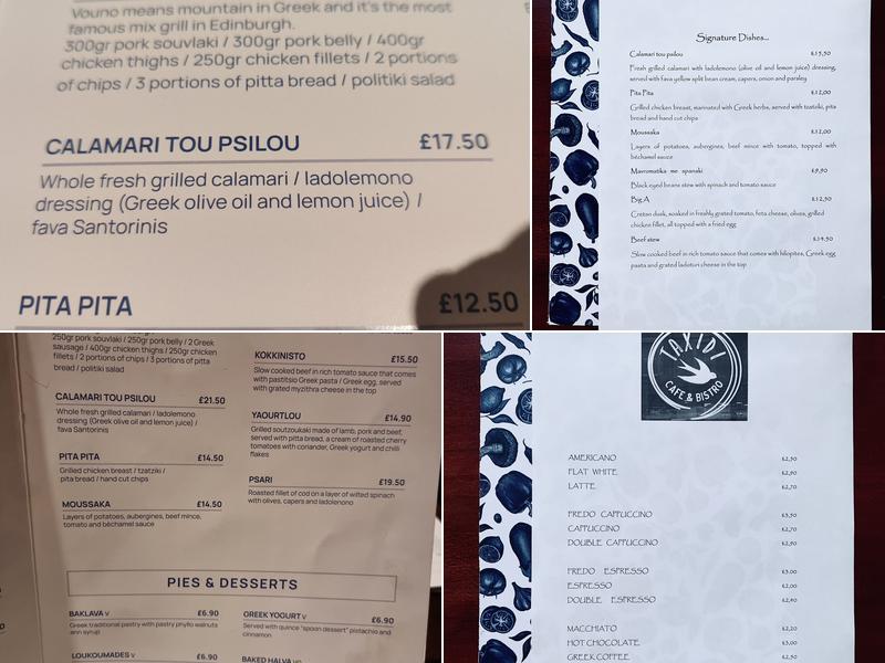 Taxidi Greek Bistro Menu