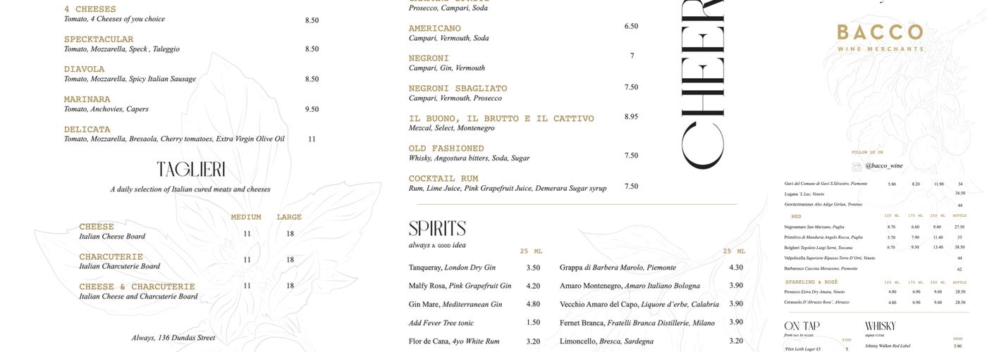 Bacco Wine Menu