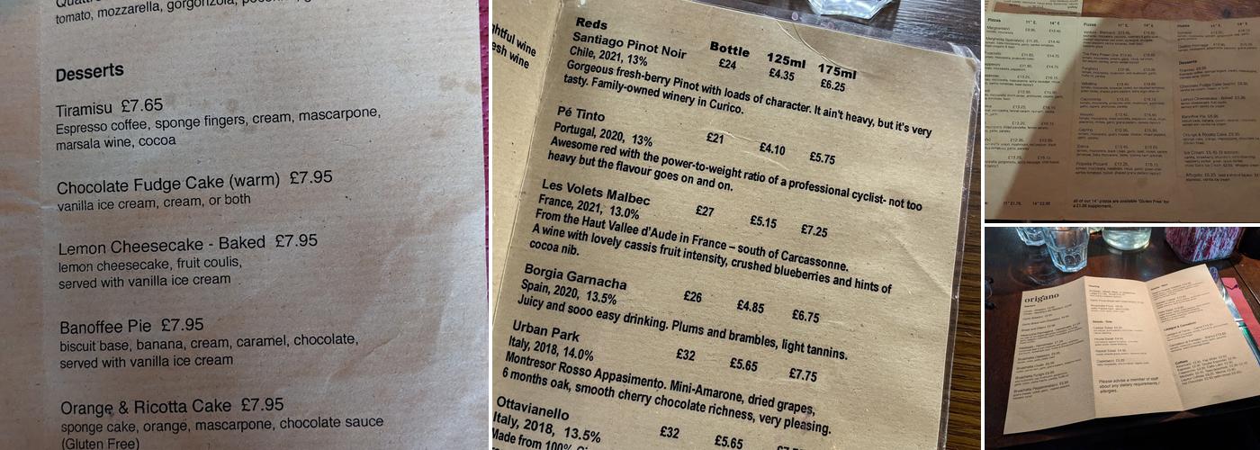 Origano Cafe & Pizzeria Menu