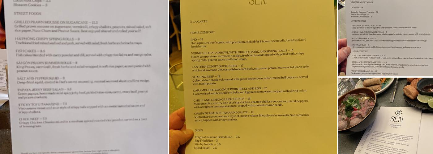 SEN Vietnamese Dining Menu