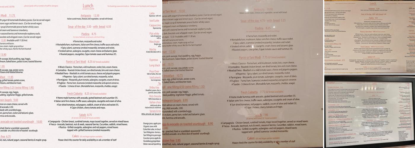 Tani Modi brunch house Menu