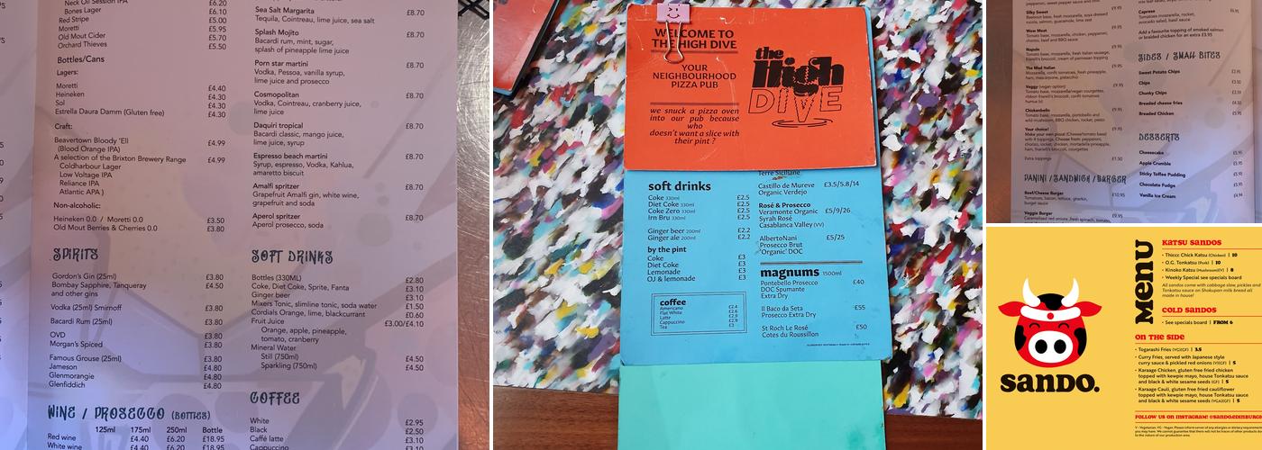 The High Dive Bar Menu