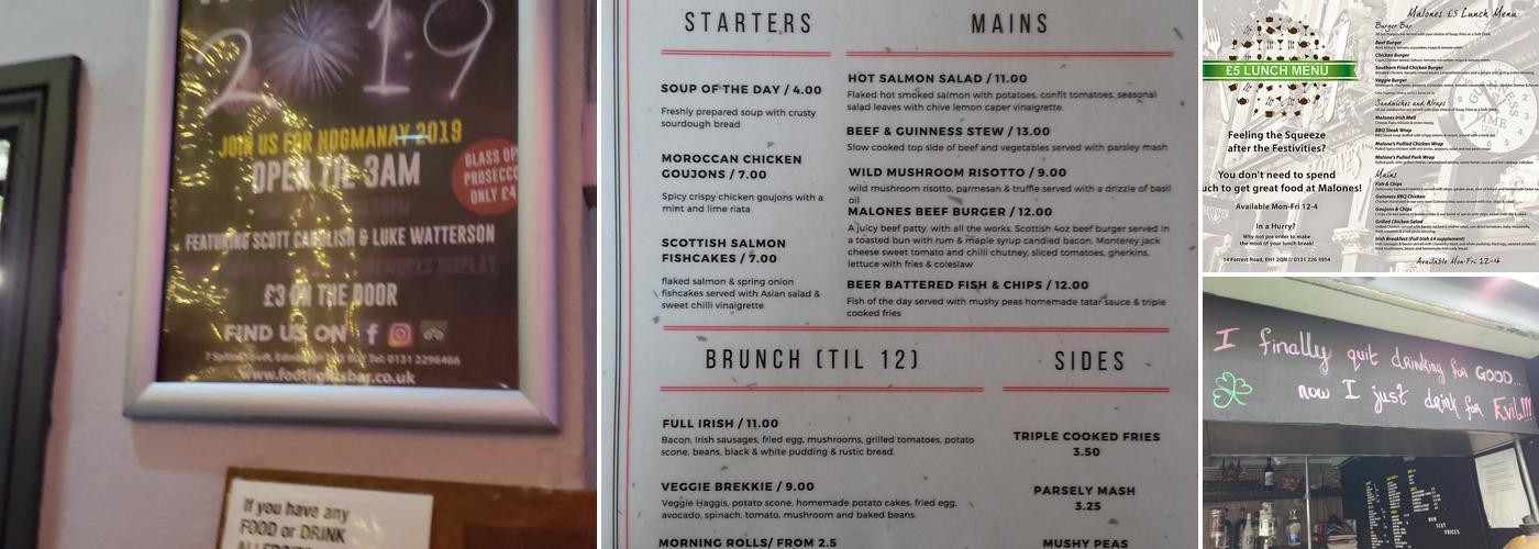 Malones Edinburgh Menu