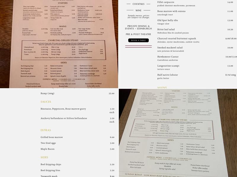 Hawksmoor Edinburgh Menu