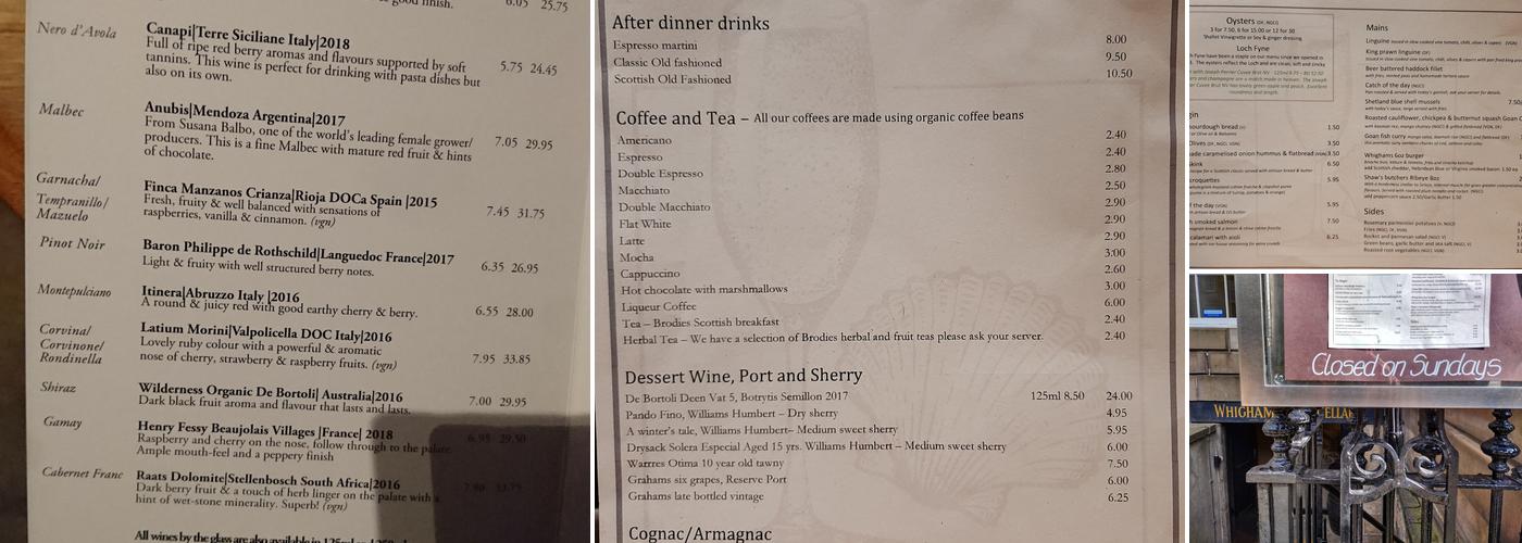 Whighams Wine Cellars Menu