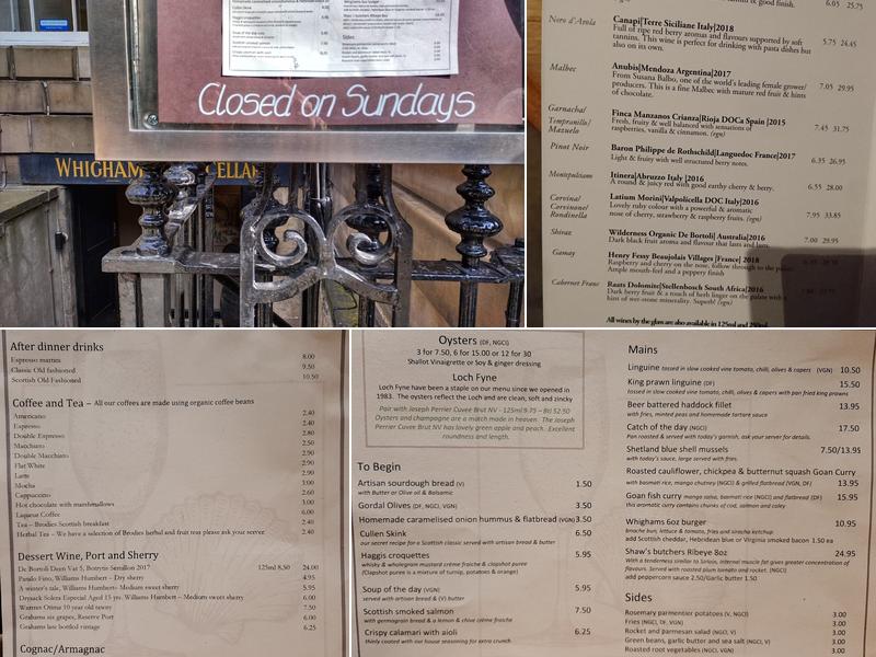 Whighams Wine Cellars Menu