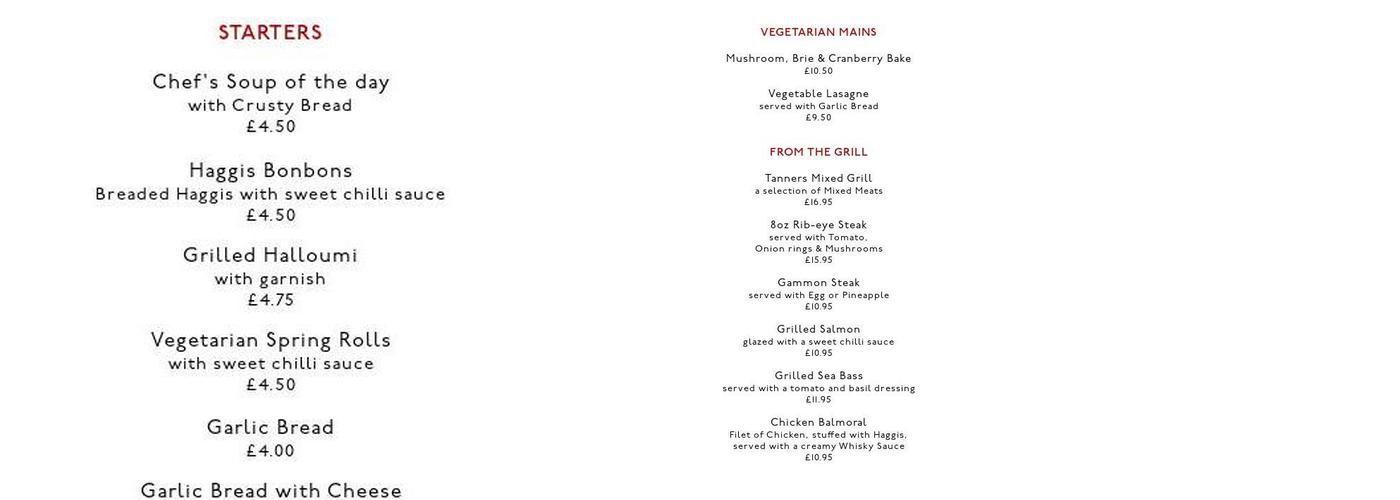 Tanners Lounge Bar, Restaurant & Function Suite Menu