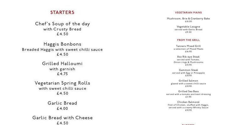 Tanners Lounge Bar, Restaurant & Function Suite Menu