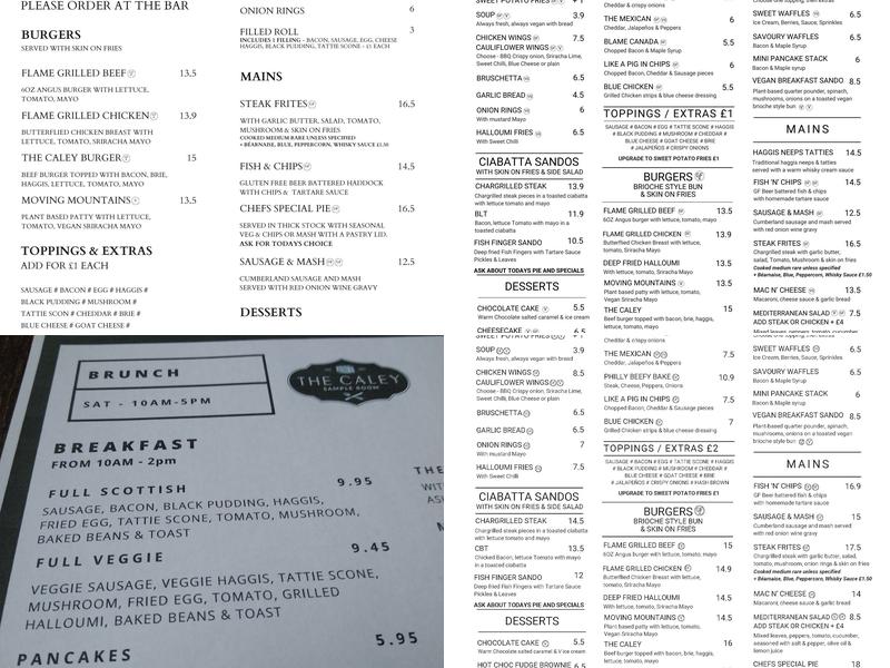 The Caley Sample Room Menu