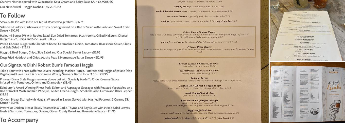 Arcade Bar Haggis & Whisky House Menu