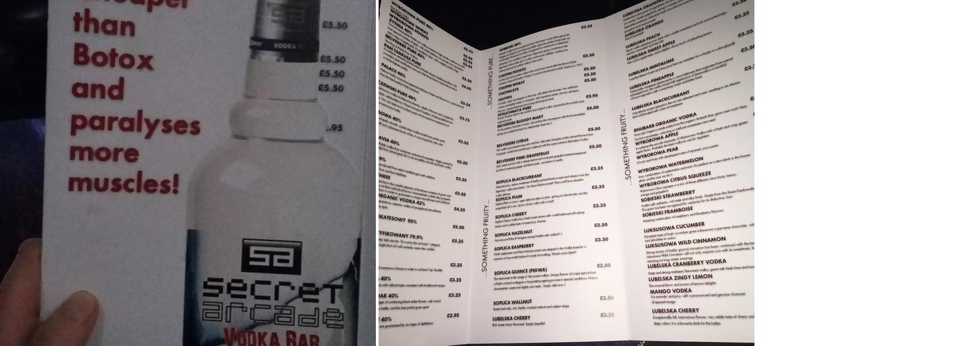Secret Arcade Vodka Bar Menu