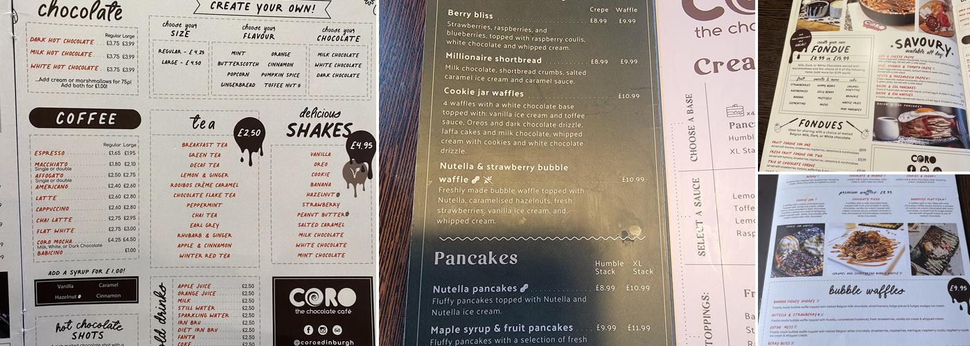 Coro the Chocolate Cafe Menu