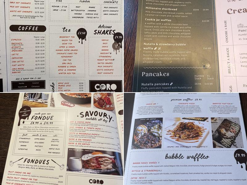 Coro the Chocolate Cafe Menu