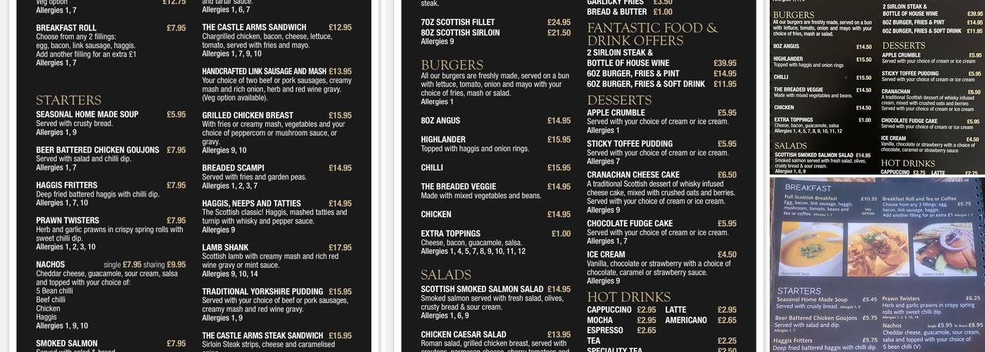 The Castle Arms Menu
