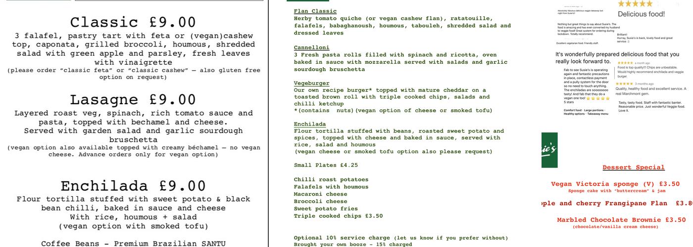 Susie's Vegetarian Kitchen Menu