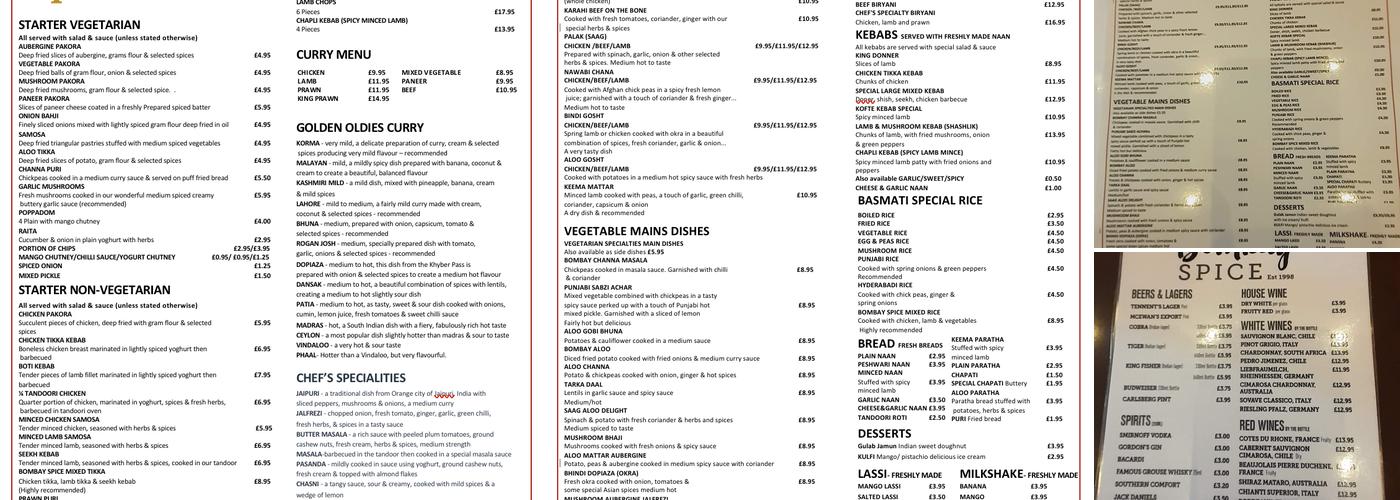 Bombay Spice Menu