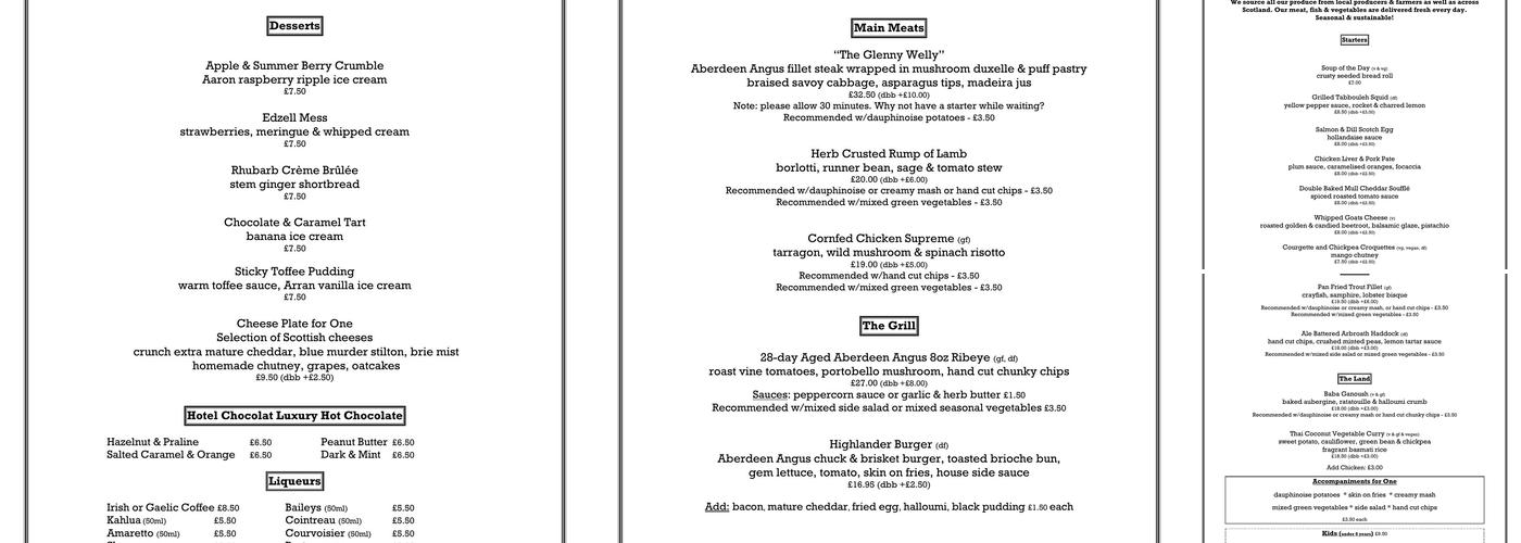 Glenesk Hotel Menu