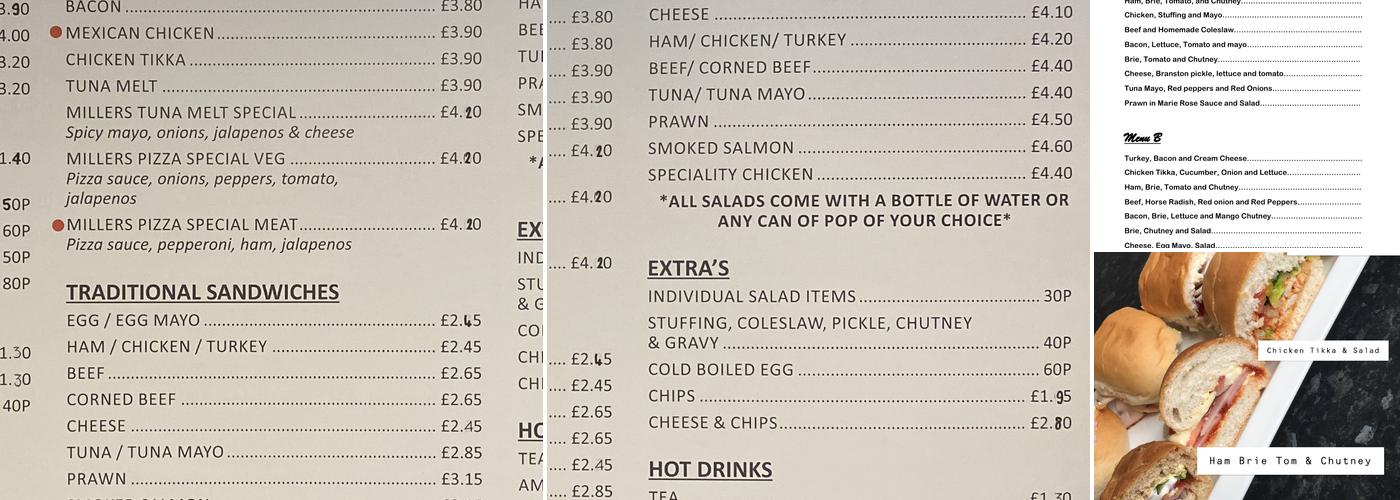 Millers Of Elland Menu