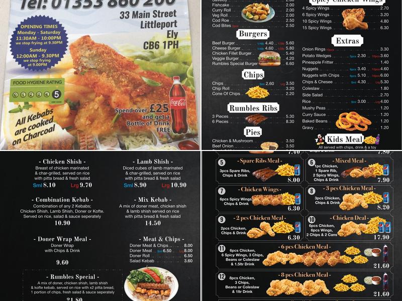 Rumbles Littleport Fish N Chips Menu