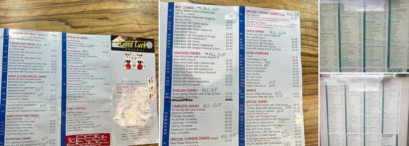 Good Luck Take Away Menu