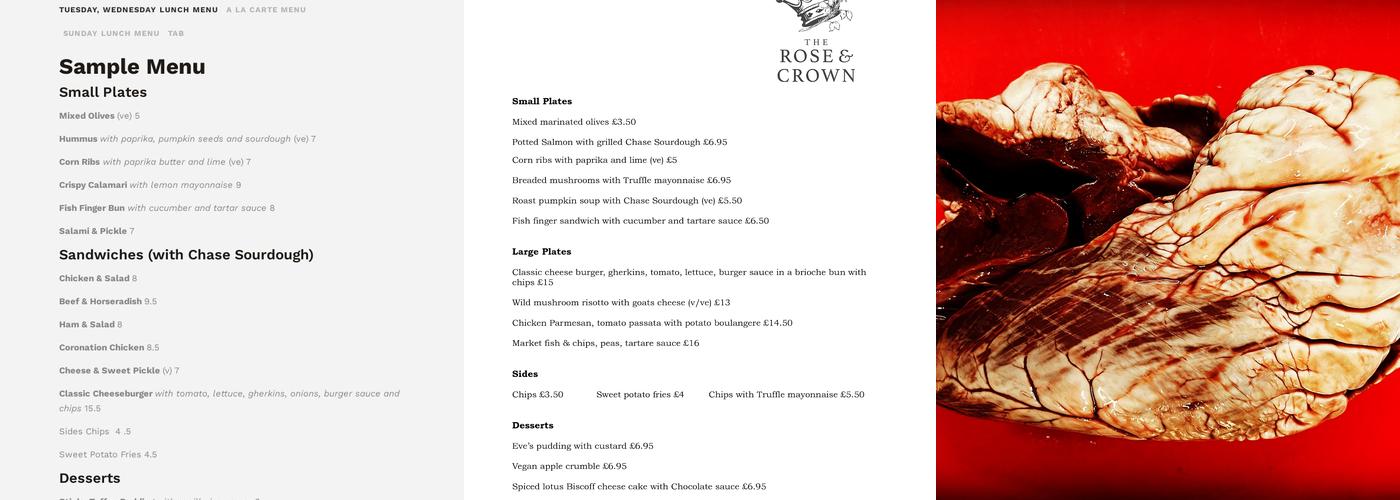 The Rose and Crown, Clay Hill Menu