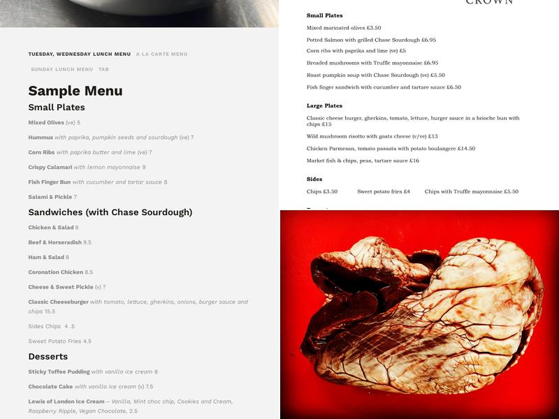 The Rose and Crown, Clay Hill Menu