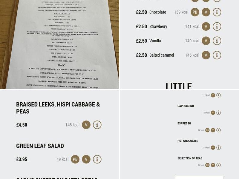 The Barley Mow, Epsom Menu