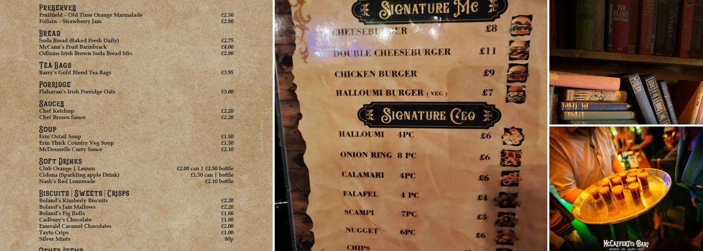 McCaffertys Bar, Epsom Menu