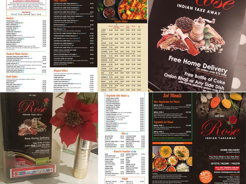 Rose Indian Takeaway, Epsom Menu