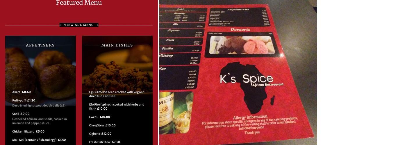 K's Spice African Restaurant Menu