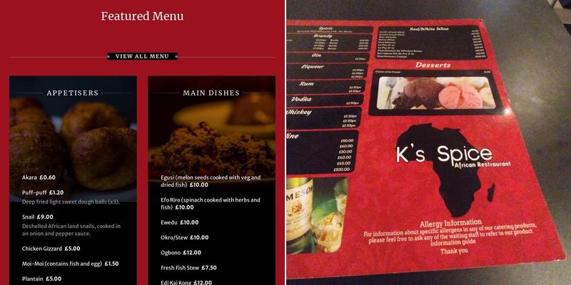 K's Spice African Restaurant Menu