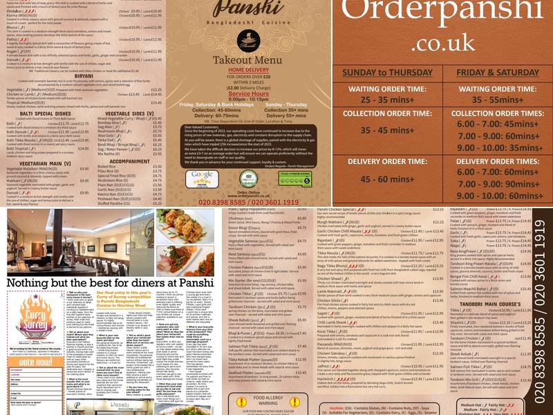 Panshi of Hinchley Wood Menu
