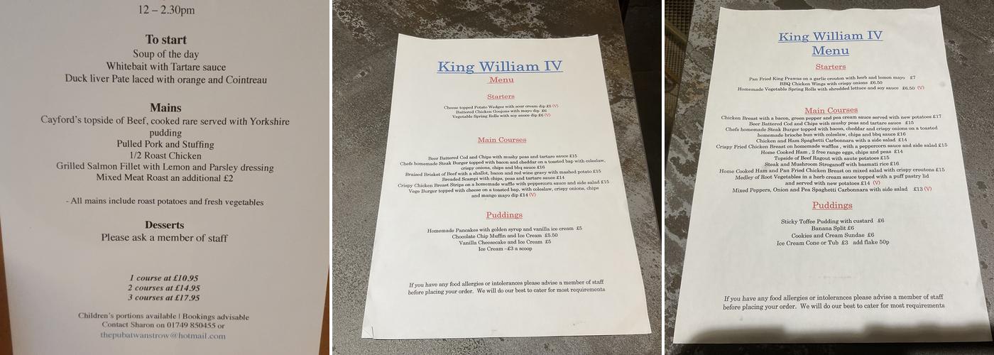The King William IV Menu