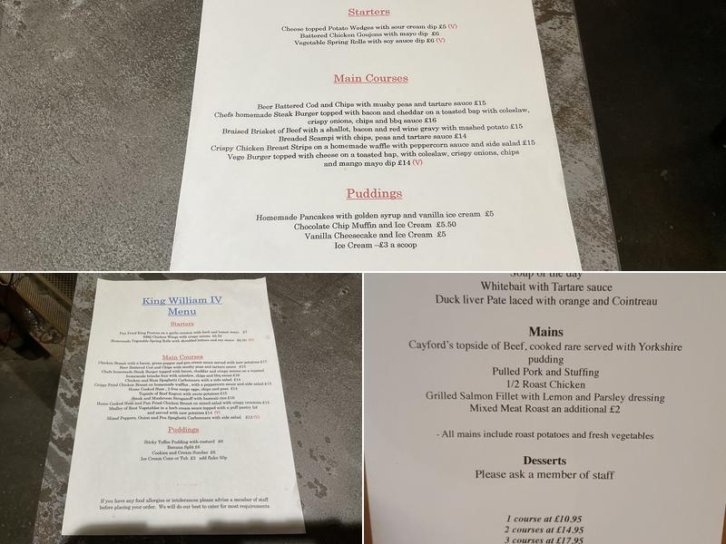 The King William IV Menu