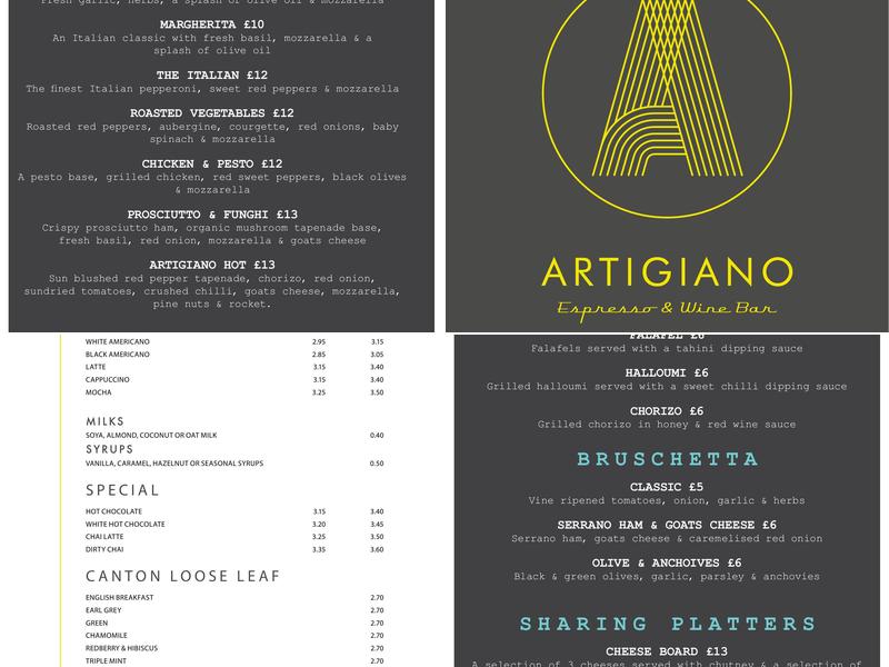 Artigiano Espresso & Wine Bar Menu
