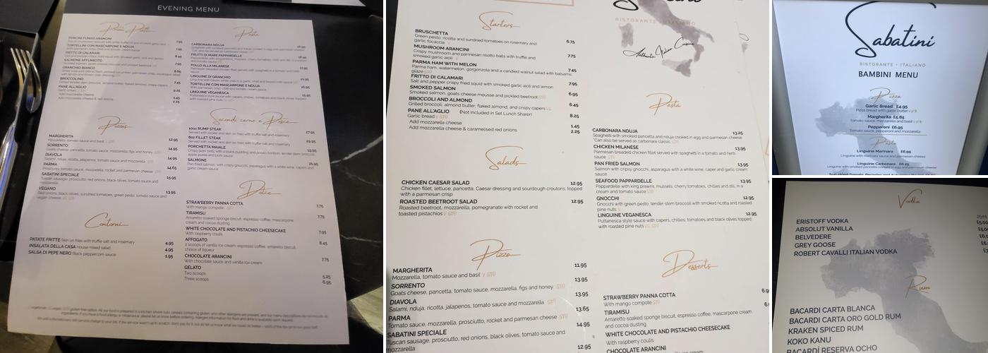 Sabatini Exeter Menu