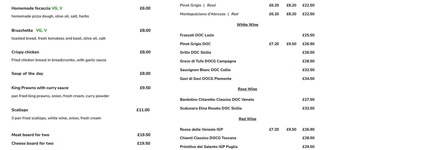 Ristorante Sapori Menu