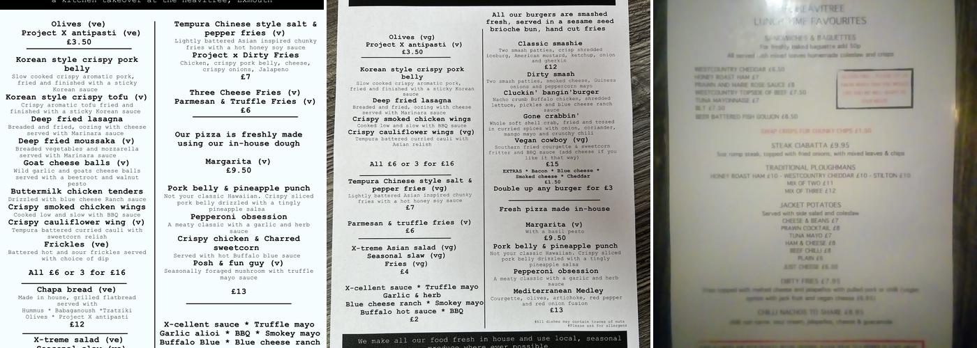 The Heavitree - Project X kitchen takeover Menu