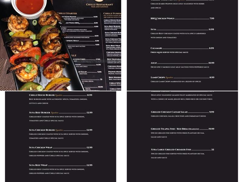 Chillz Restaurant Bar and Lounge Menu