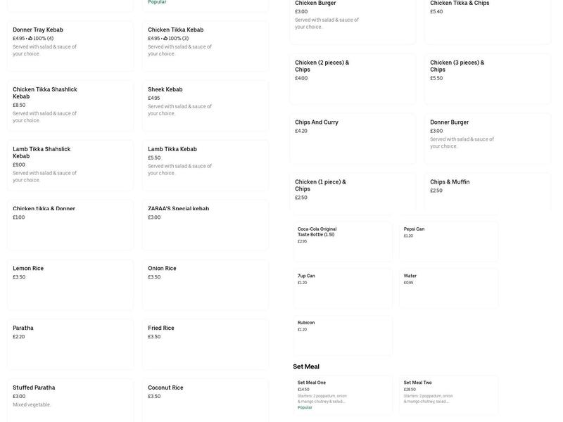 Zaraas Indian Takeaway Menu