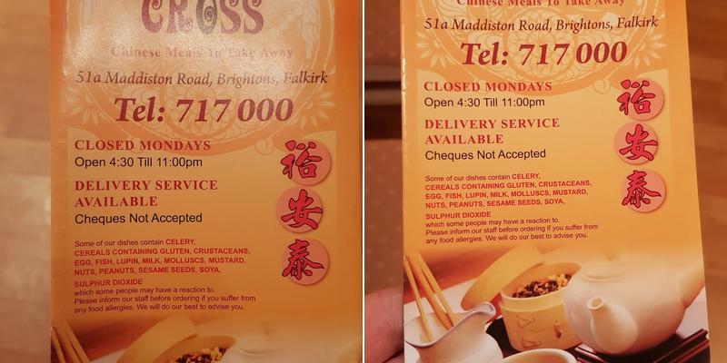 The Brightons Cross Chinese Takeaway Menu