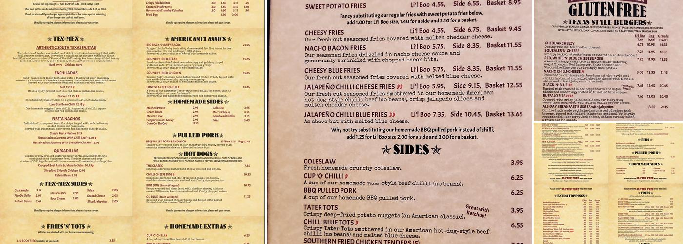 Boo Koos- Burgers-Shakes-Tex Mex Menu