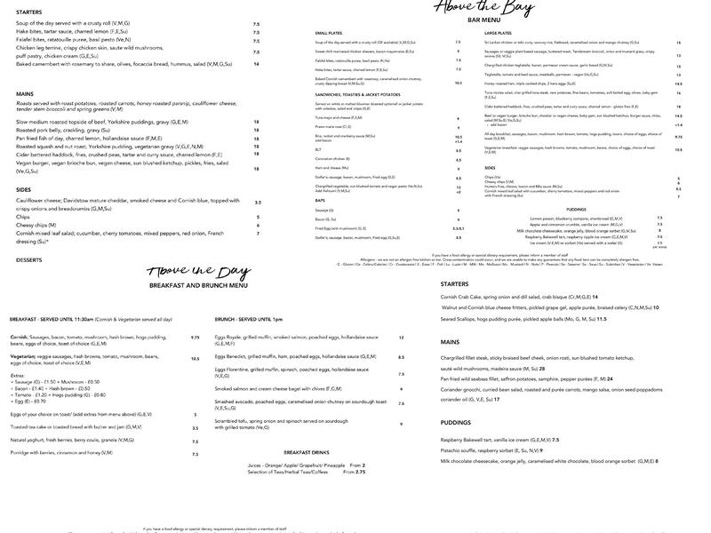 Above the Bay Restaurant, Bar, Wedding and Events Menu