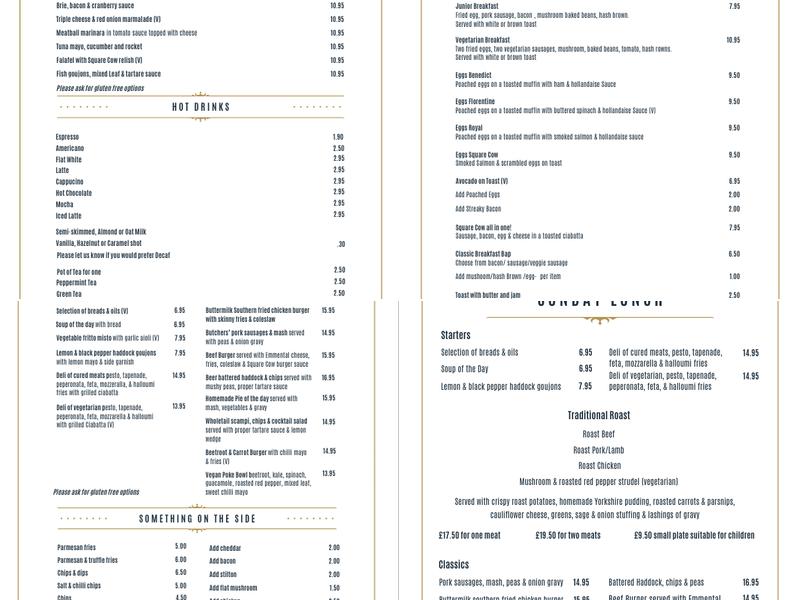 The Square Cow Menu