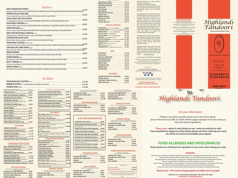 Highlands Tandoori Menu